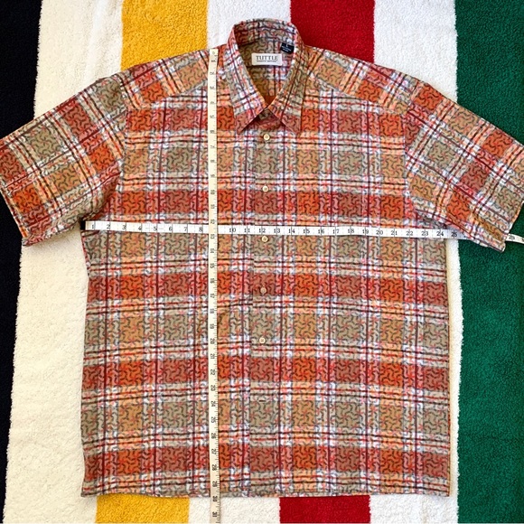 Orange check plaid geometric design short sleeve shirt by Tuttle Sportswear - Picture 16 of 16